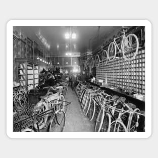 Bicycle & Motorcycle Shop, 1910. Vintage Photo Magnet